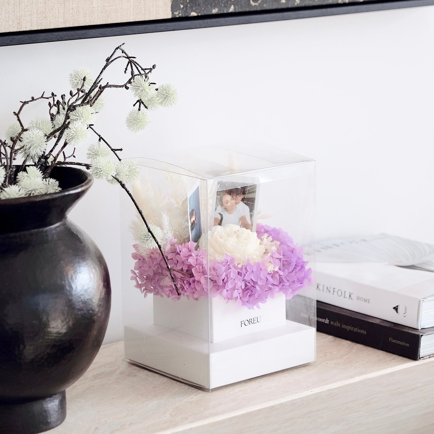Premium Flower Box (Single Candle) with Personalised Photos - Lilac Whisper