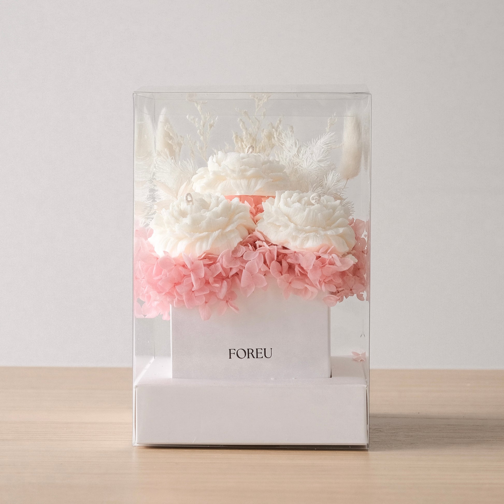 Premium Flower Box Sydney in Blush Bloom Pink colourway featuring three peony shaped soy wax candles. 